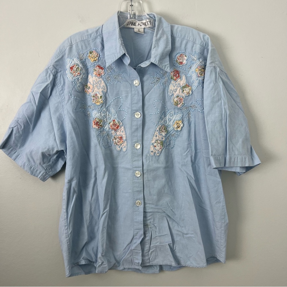 Vintage Jane Ashley Light Blue Floral Embroidered Shirt